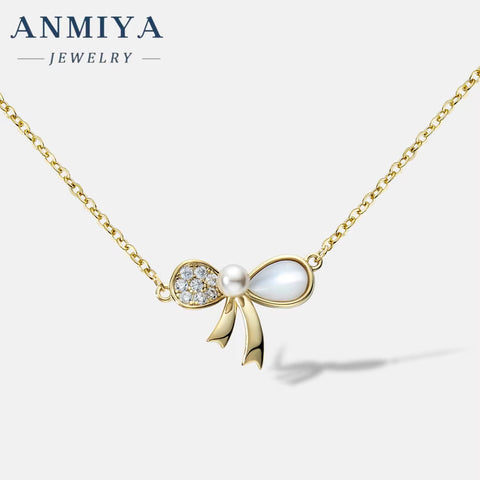 ANMIYA Trendy Jewelry Bow Necklace 925 Silver Bowknot Pendant Necklace Diamond White Shell Butterfly Necklace for Women