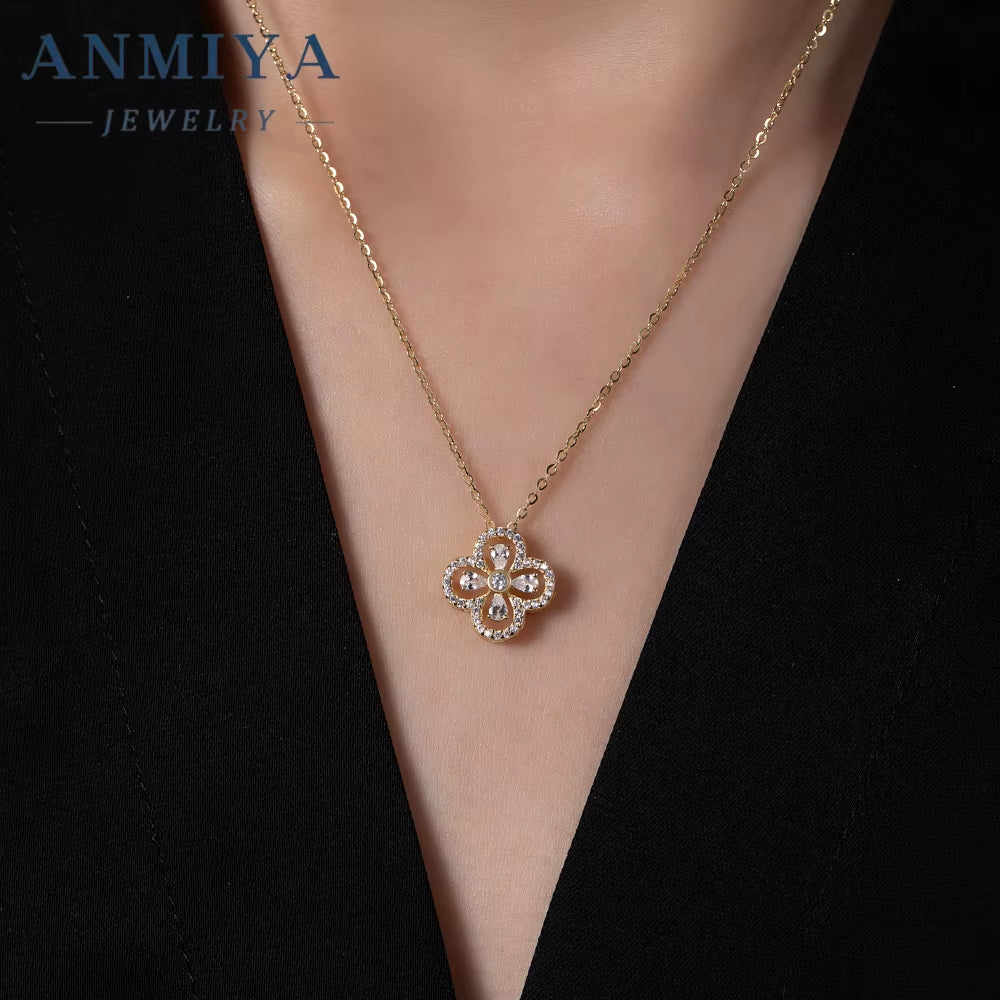 ANMIYA 18K Gold Plating Women'S Necklace Double-Sided Four Leaf Clover Pendant of 925 Sterling Silver
