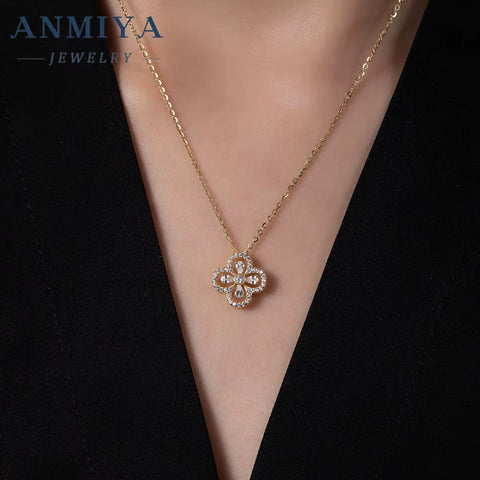 ANMIYA 18K Gold Plating Women'S Necklace Double-Sided Four Leaf Clover Pendant of 925 Sterling Silver