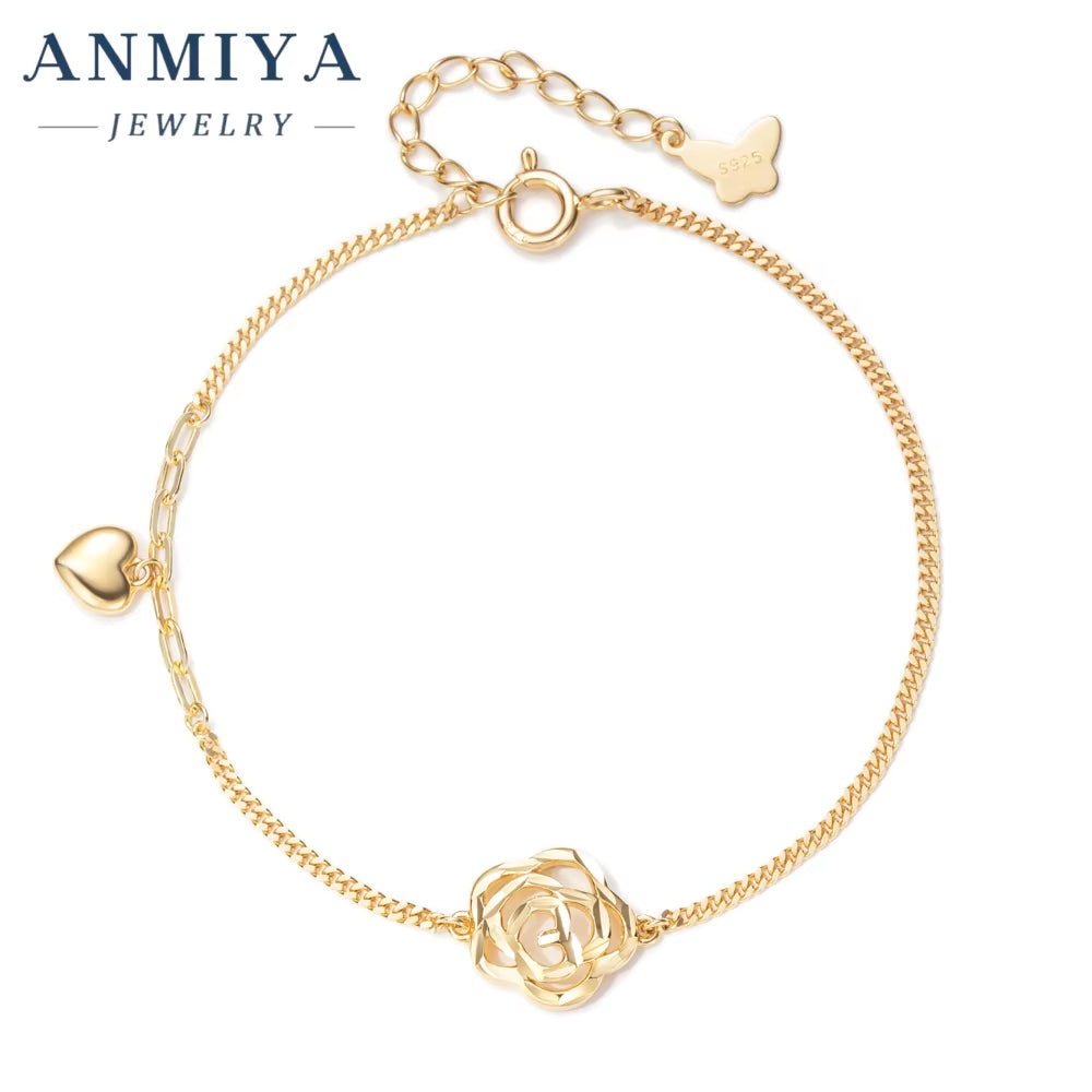 925 Sterling Silver Jewelry Flower Cutouts Clover Bracelet with Snake Chain Heart Charm Design Elegant Women'S Jewelry for Gift