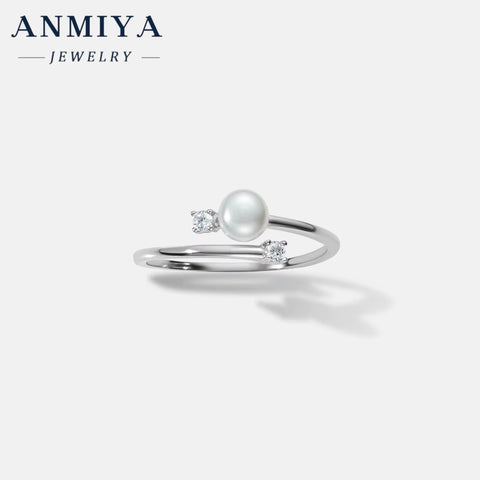 ANMIYA 925 Sterling Silver Freshwater Pearl Rings Set with Cubic Zirconic Open Ring for Lady