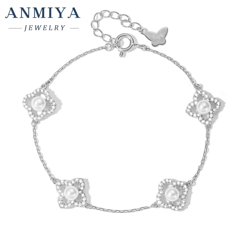 Gift Box Included Luxury Silver Jewelry Trio - Pear-Inlaid Clover Bracelet with Floral Cutouts Accents for Wedding