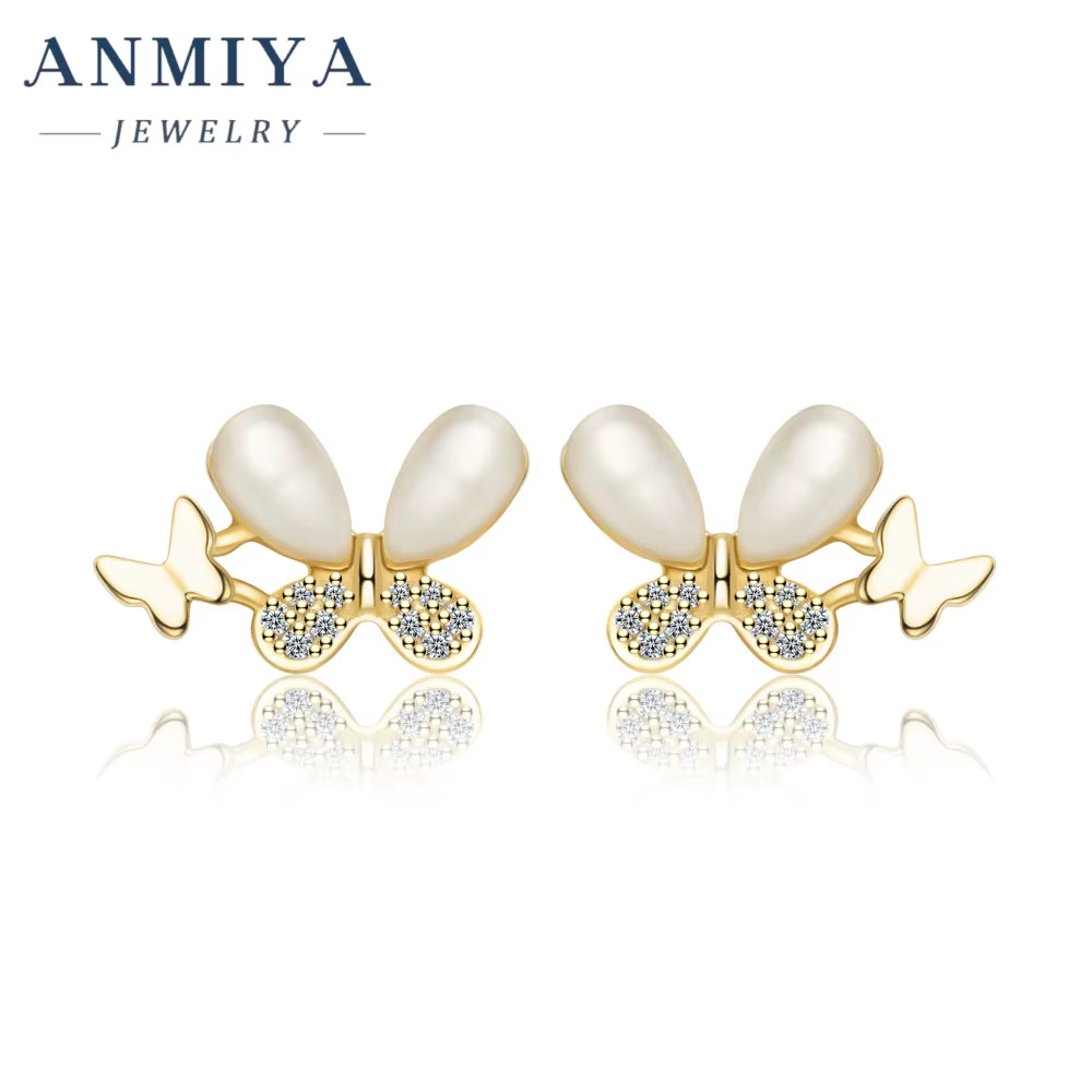 New 18K Gold Plated Luxury Design Minimalist Butterfly Shaped Fresh Water Pearls Earrings Zircon Stud Earrings