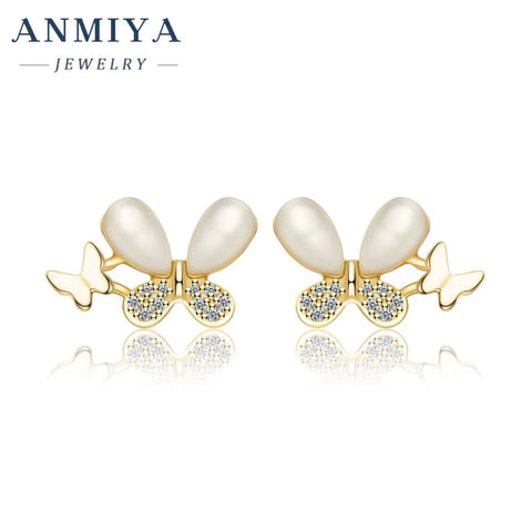 New 18K Gold Plated Luxury Design Minimalist Butterfly Shaped Fresh Water Pearls Earrings Zircon Stud Earrings