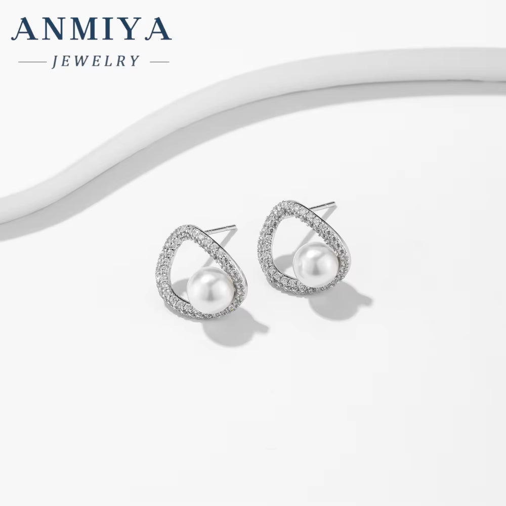 ANMIYA Wholesale Elegant 925 Silver Hollow Out Rhinestone Fresh Water Pearls Earrings for Women Girls