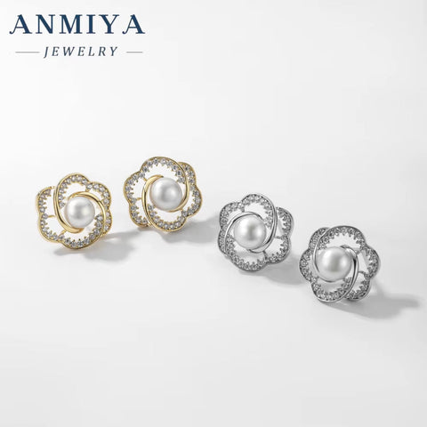 New Fashion Rose Pearl Earrings 925 Silver Women'S High-Grade Personality All-Match Rose Earrings Exaggerated Earrings