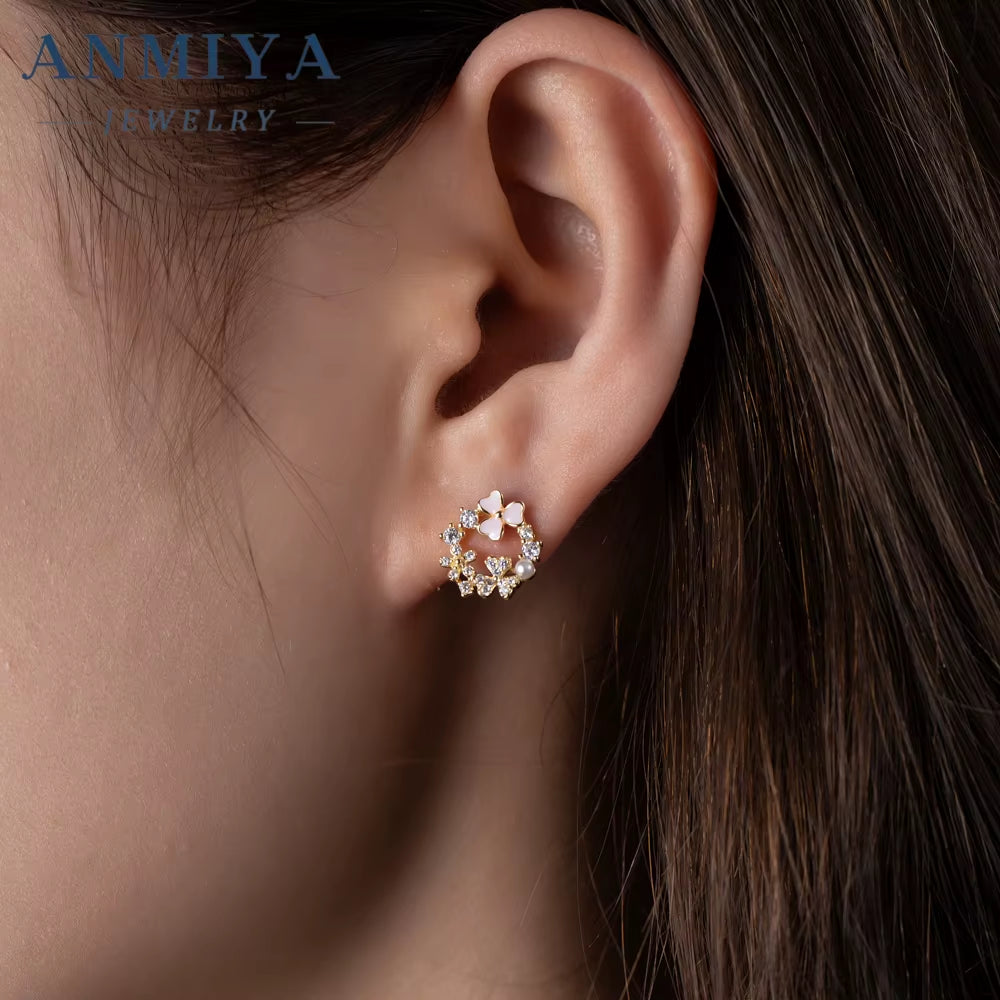 Summer Fancy Garland Pink Clover Pearl Zircon Ins Hot Sale 925 Silver Earrings for Gift