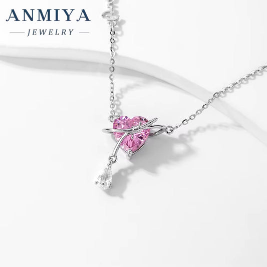 ANMIYA Fashion Jewelry Pink Heart Zircon Charm 925 Sterling Silver Necklace for Girlfriend Girl