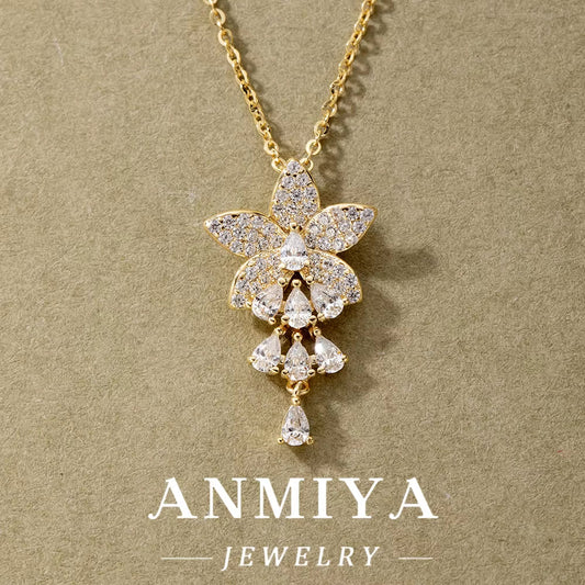ANMIYA 18K Gold Plated 925 Sterling Silver Flower Pendant 5A Zircon Inoxidable Necklace