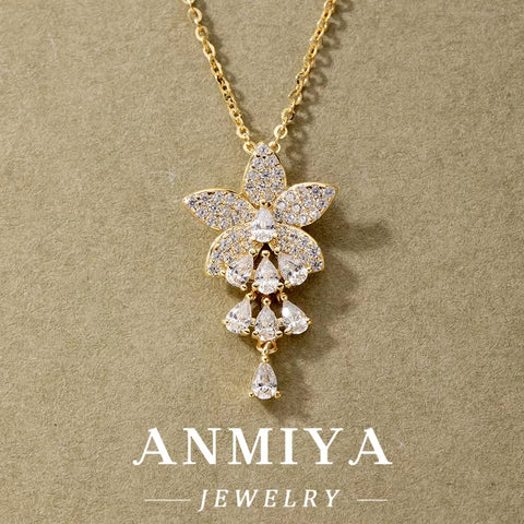 ANMIYA 18K Gold Plated 925 Sterling Silver Flower Pendant 5A Zircon Inoxidable Necklace