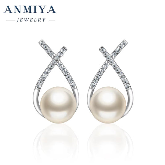 ANMIYA Customized 925 Sterling Silver Water Drop Cubic Zirconia Pearl Stud Earrings