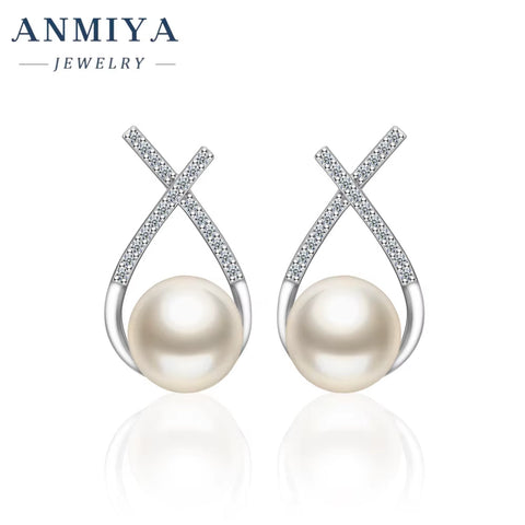 ANMIYA Customized 925 Sterling Silver Water Drop Cubic Zirconia Pearl Stud Earrings