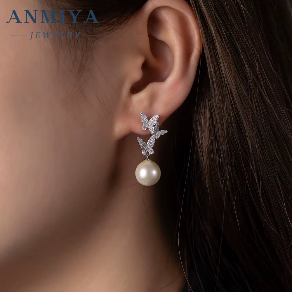 Manufacturer Statement Zircon Butterfly Fresh Water Pearl Stud Earrings for Anniversary Gift