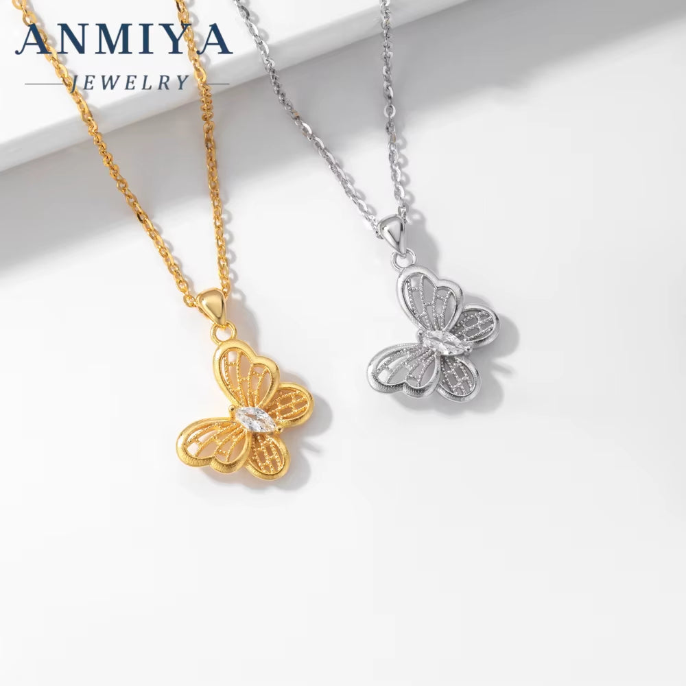 ANMIYA Elegant Hollow Out Zircon Butterfly Necklace 18K Gold 925 Silver Necklace for Women
