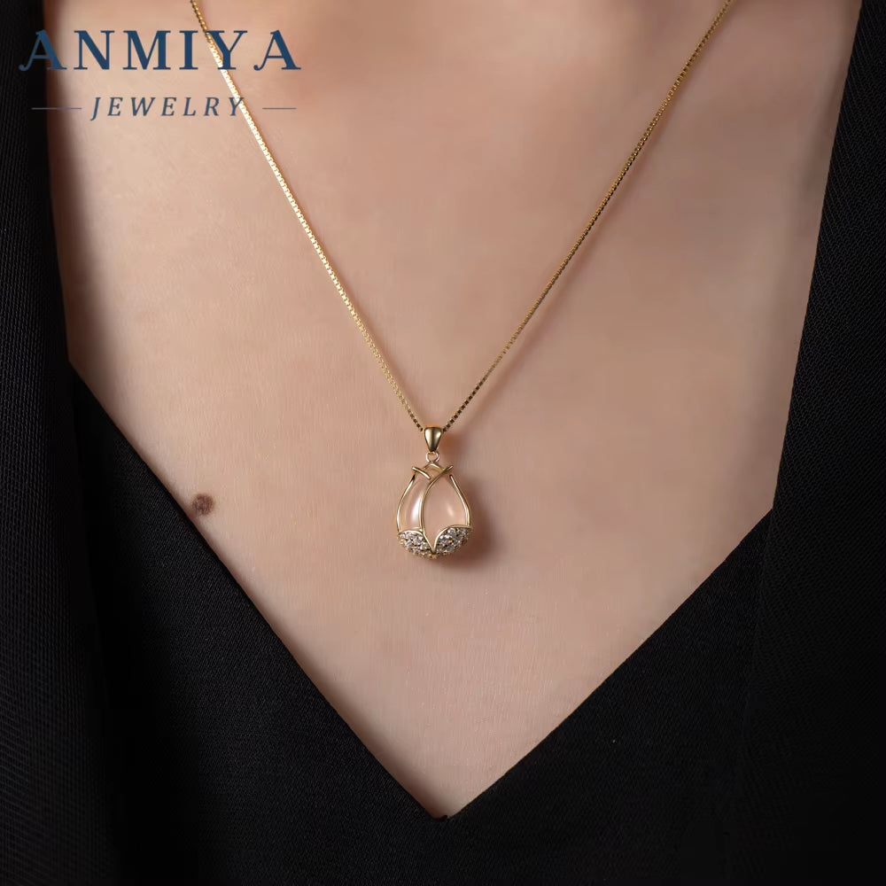 New Chalcedony Tulip Necklace Pendant Temperament Diamond 18K Gold Plated Chain Flower Necklace Birthday Gift Girl