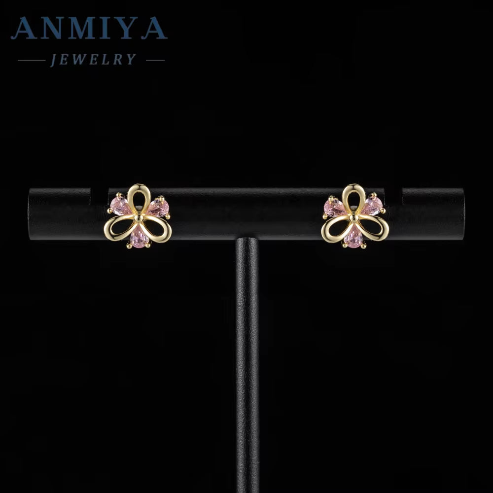 ANMIYA Elegant New Tide Pink Pear Ice Cut Diamond Zircon 925 Silver Earrings for Women