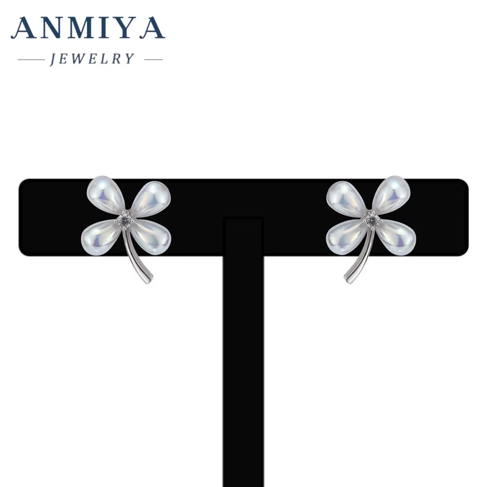 ANMIYA Earrings Silver 925 Sterling Women Zircon with Floral Stud Earrings for Girls