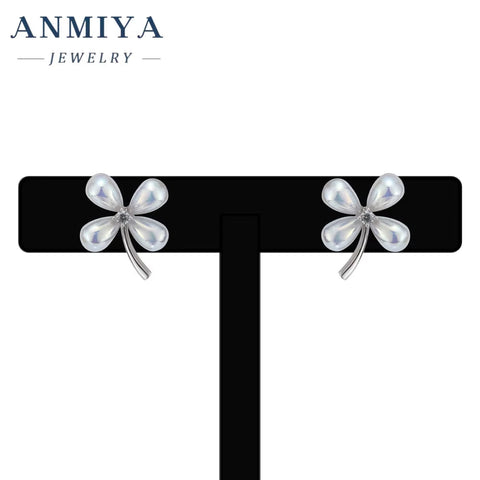 ANMIYA Earrings Silver 925 Sterling Women Zircon with Floral Stud Earrings for Girls