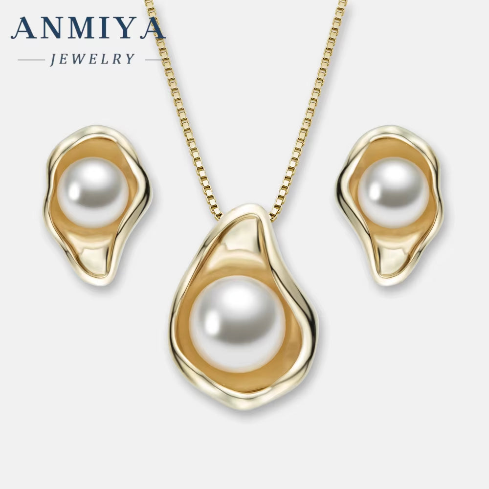 ANMIYA Jewelry 2024 Delicate Silver 925 18K Gold Plated Freshwater Pearl Sea Shell Necklace Earring Jewelry Set
