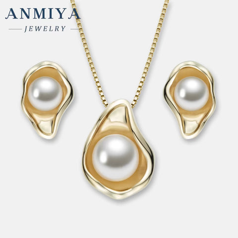 ANMIYA Jewelry 2024 Delicate Silver 925 18K Gold Plated Freshwater Pearl Sea Shell Necklace Earring Jewelry Set