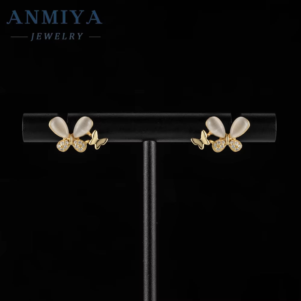 New 18K Gold Plated Luxury Design Minimalist Butterfly Shaped Fresh Water Pearls Earrings Zircon Stud Earrings