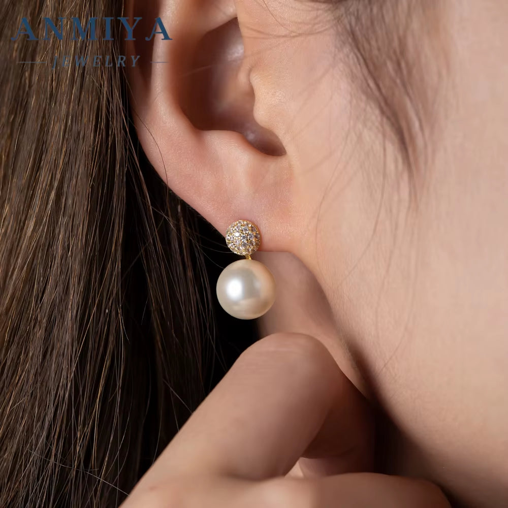 ANMIYA 14K Gold Plated Zircon Pearl Stud Earrings Set Fashionable Freshwater Pearl Earrings Earrings for Women