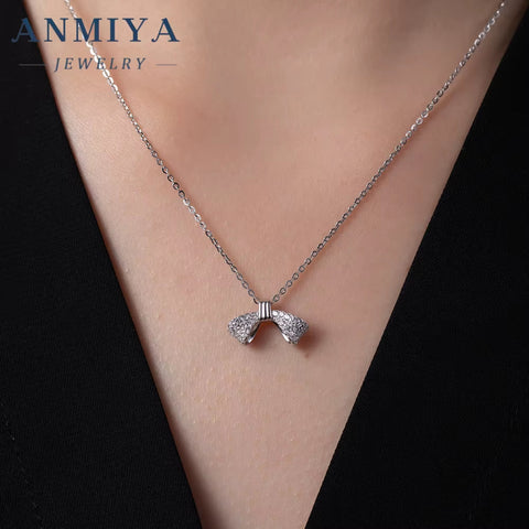 ANMIAY Simple and Fashionable S925 Silver Necklace with Zirconia Sweet and Lovely Girl'S Bow Necklace