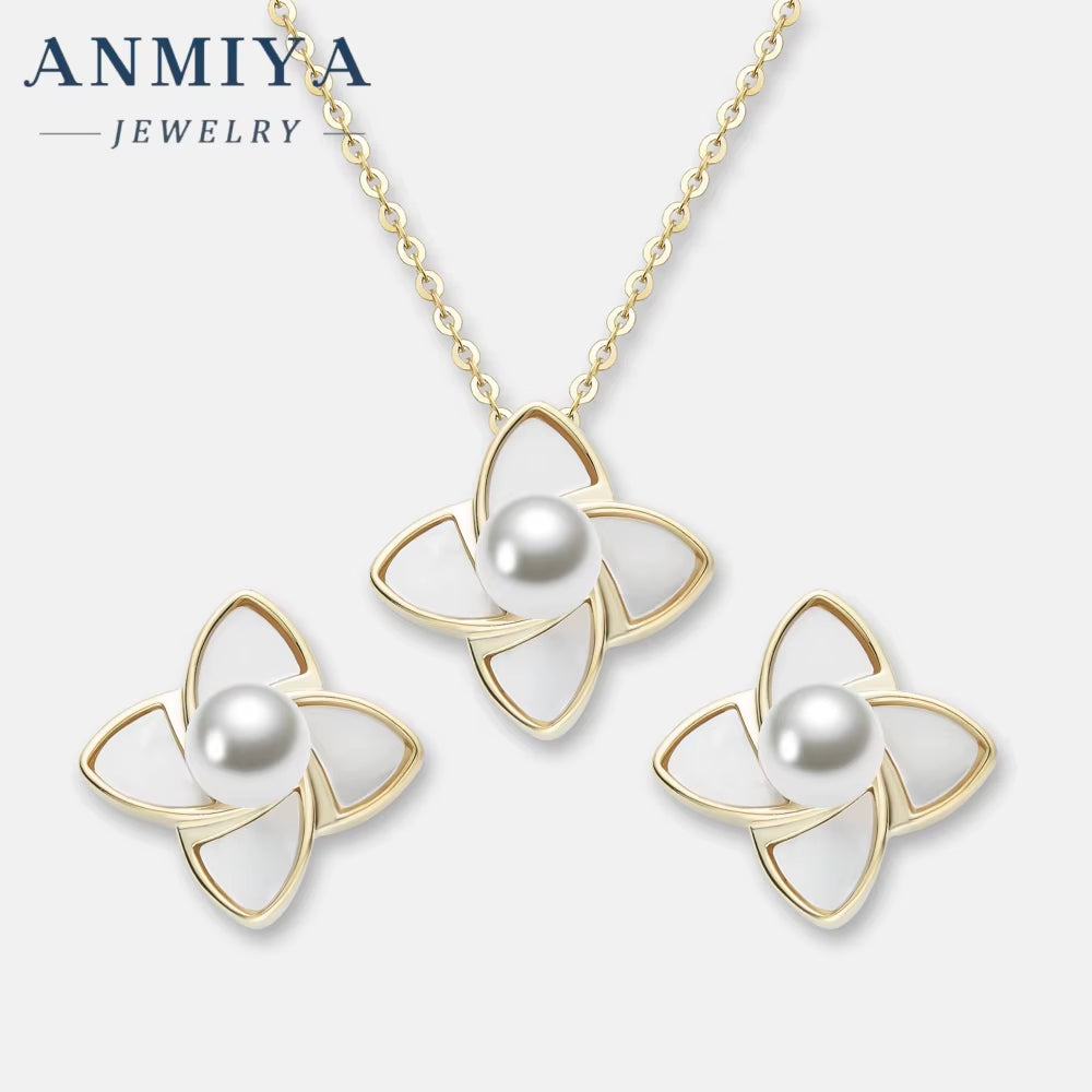 ANMIYA Accessory Jewelry Sterling 925 Inoxidable Flower Shape Freshwater Pearl Fashionable Necklace and Earrings Set