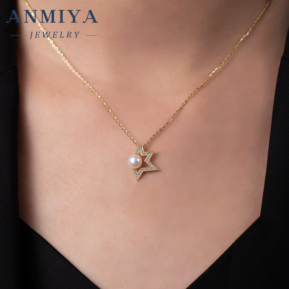 ANMIYA 925 Silver Jewelry Set Star Freshwater Pearl Zircon Necklace and Earring Necklace Set for Women
