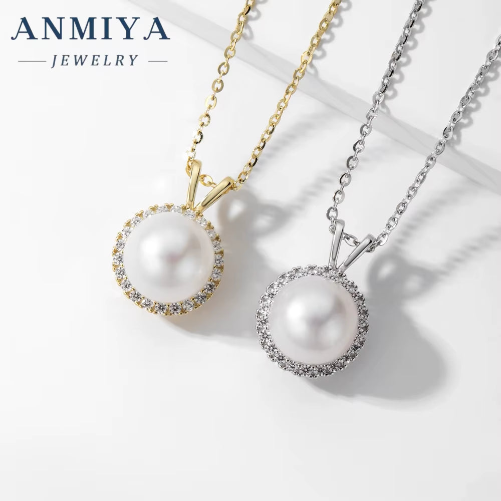 ANMIYA Elegant Fancy Classical 925 Sterling Silver Zircon Single round Pearl Pendant Necklace for Women Girls Jewelry