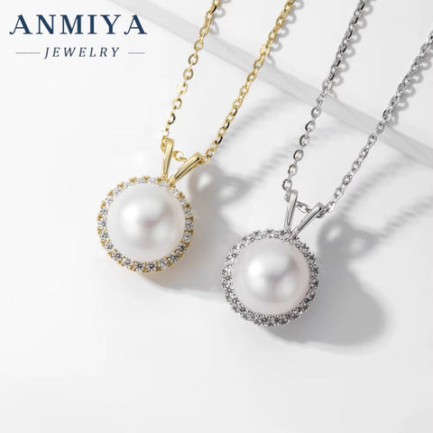 ANMIYA Elegant Fancy Classical 925 Sterling Silver Zircon Single round Pearl Pendant Necklace for Women Girls Jewelry