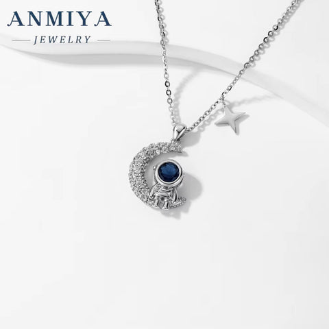 ANMIYA Cute Space Astronaut 925 Silver Moon Star Sterling Silver Necklace for Women Men