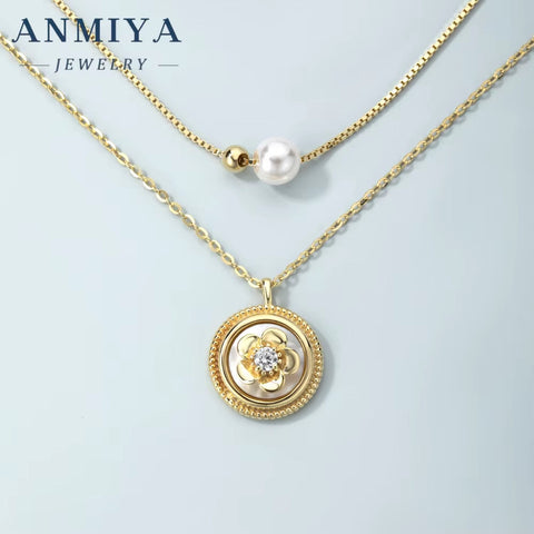 ANMIYA CUSTOM OEM Fine Jewelry Zircon 925 Sterling Silver Fresh Water Pearl Multi-Layered Necklace for Women
