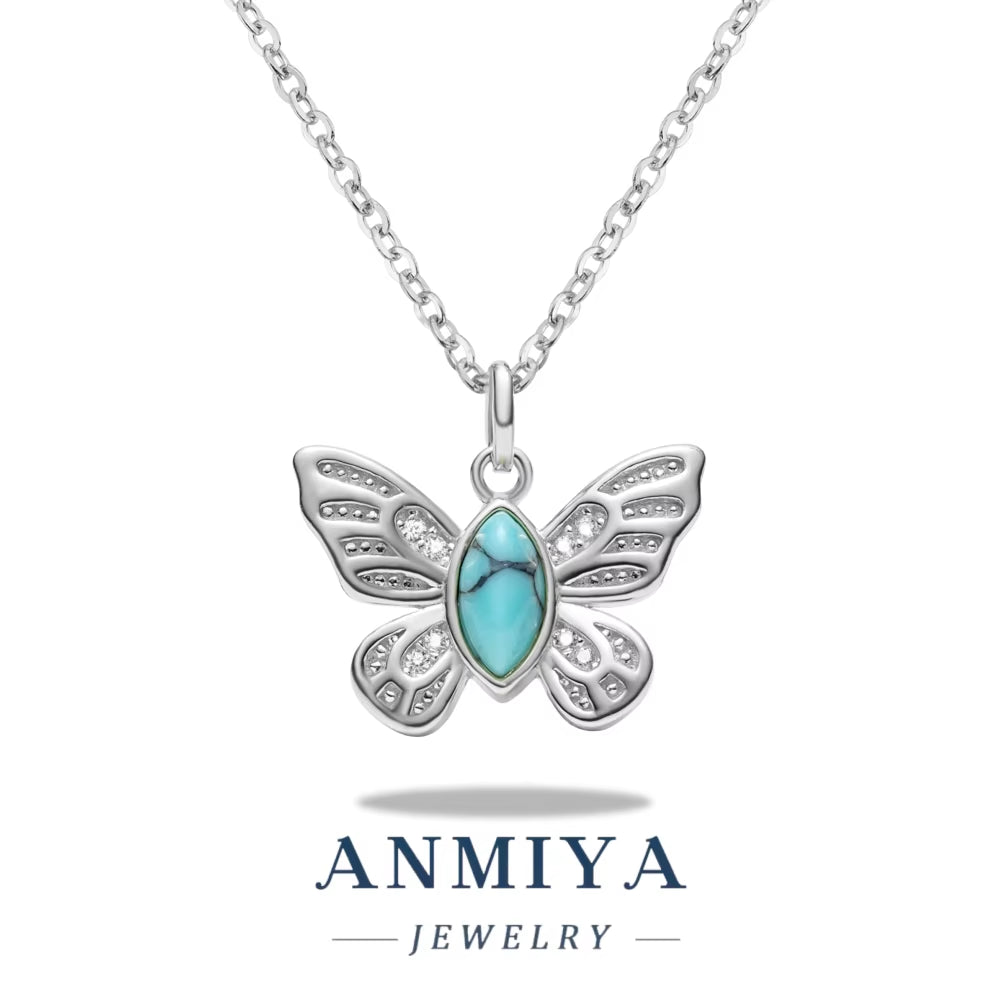 ANMIYA 925 Sterling Silver Butterfly Necklace with Turquoise Stone and Zirconia Women Necklace