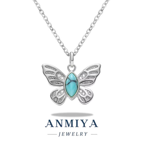 ANMIYA 925 Sterling Silver Butterfly Necklace with Turquoise Stone and Zirconia Women Necklace