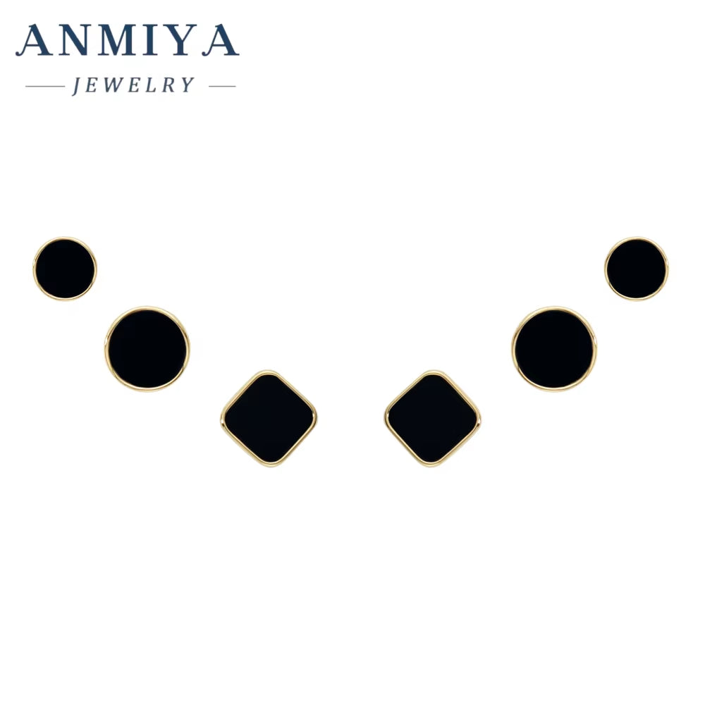 ANMIYA New Tide High Quality Square Shape Black round Silver 925 Gold Stud Earrings Set 3 Pair