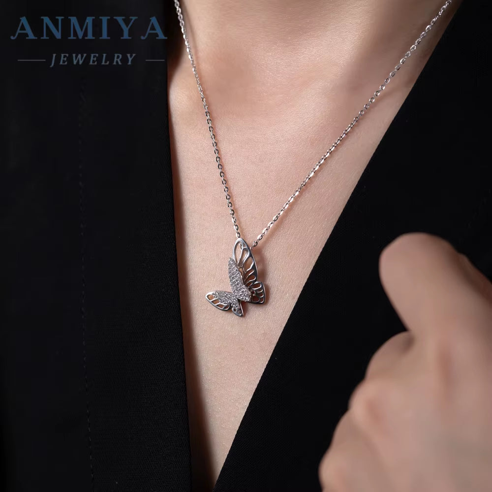 ANMIYA Jewelry 18K Gold Plated Hollow CZ Butterfly Pendant 925 Silver Necklace Fashion Jewelry for Women