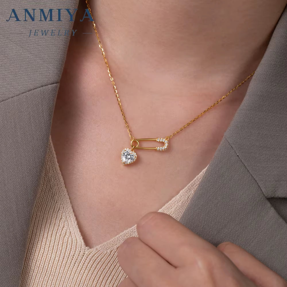 Fine Jewelry 925 Sterling Silver 18K Gold Plated Love Heart Pendant Link Pin Shape Chain Necklace for Women Wholesale