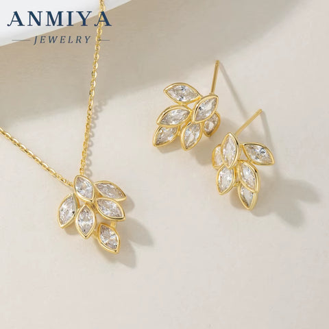 ANMIYA Custom Wholesale Fashion Ladies Necklace Earring Sets Rhinestone Long Leaf Gold Jewelry Set for Women