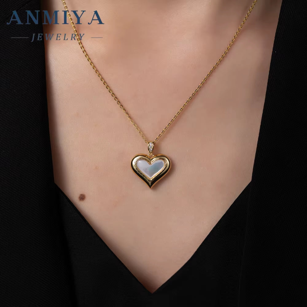 ANMIYA Minimalist Luxury 18K Gold Heart White Shell Gold Plated Necklace Earrings Set 925 Silver for Women