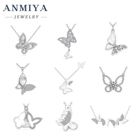 ANMIYA Sweet Fine Jewelry Friendship Jewelry 925 Silver Zircon Women Butterfly Set Pendant Necklace