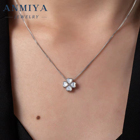 ANMIYA Jewelry New Trendy White Shell Four Leaf Clover 925 Sterling Fashion Jewelry Necklace for Women
