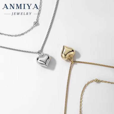 ANMIYA Fashionable Love Pendant Necklace Gold Plated Heart Double Layer Chain Necklace for Women Party Jewelry