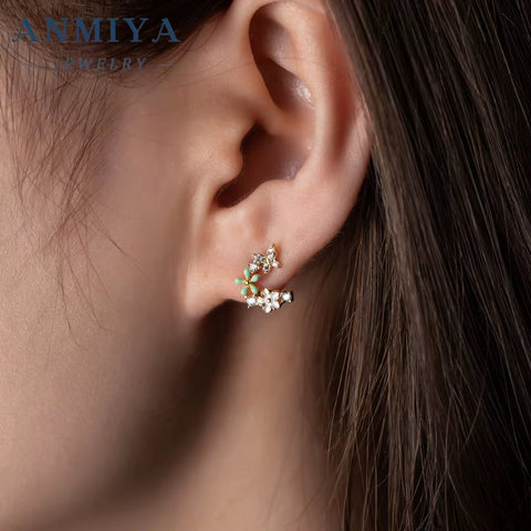 ANMIY Fine Designer Brand Fashion Butterfly Flower Shape Stud Earrings 925 Silver for Girl