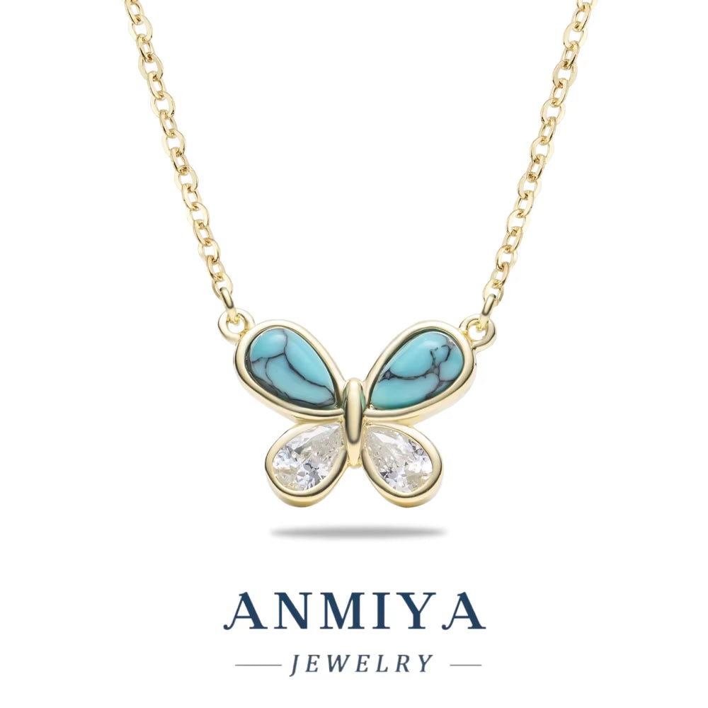 ANMIYA Women'S 925 Sterling Silver Butterfly Necklace with Turquoise Stone and Zirconia Link Chain Valentine'S Day Gift