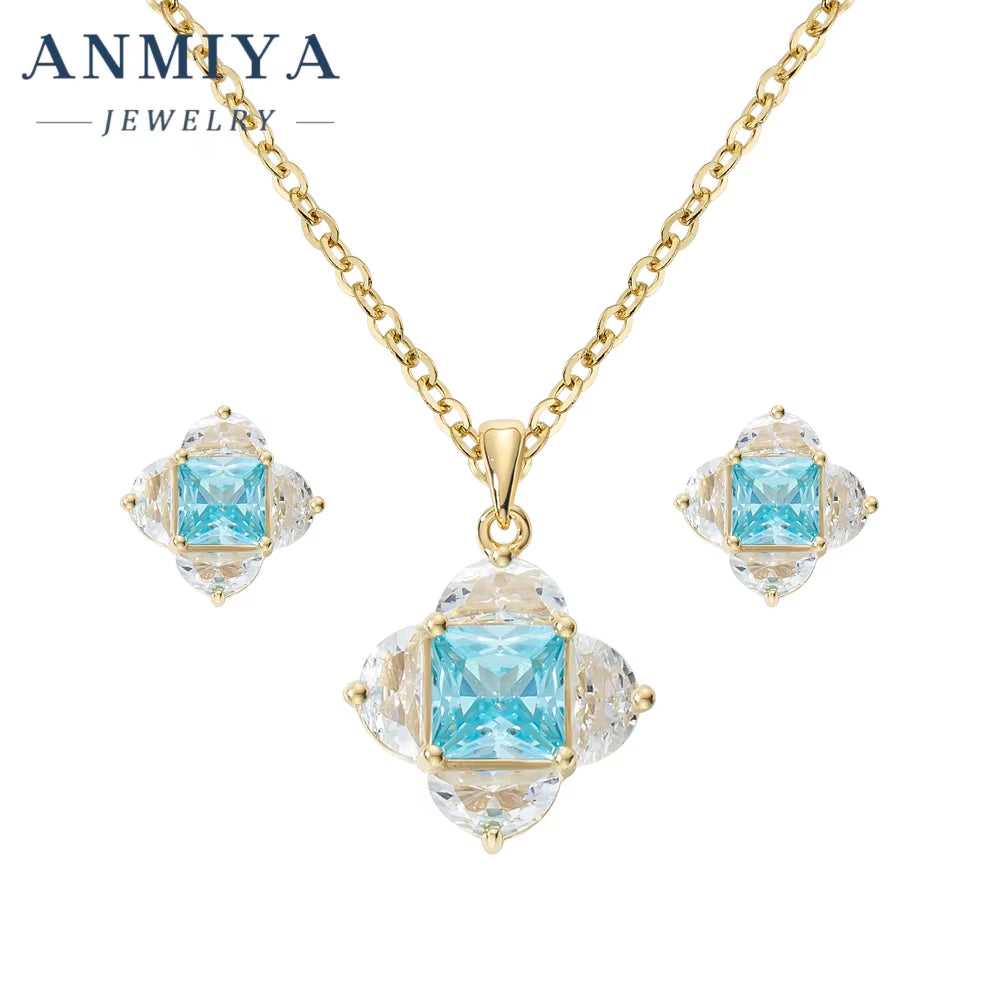 Fashion Jewelry Sets Shiny 925 Silver Zircon Pendant Sky Blue Earrings and Necklace Set Women Cz Earrings Stud Set for Gift