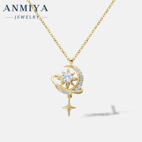 Fashion 925 Silver 18K Gold Plated Starry Sky Moon Star Zircon Pendant Necklace for Women Jewelry