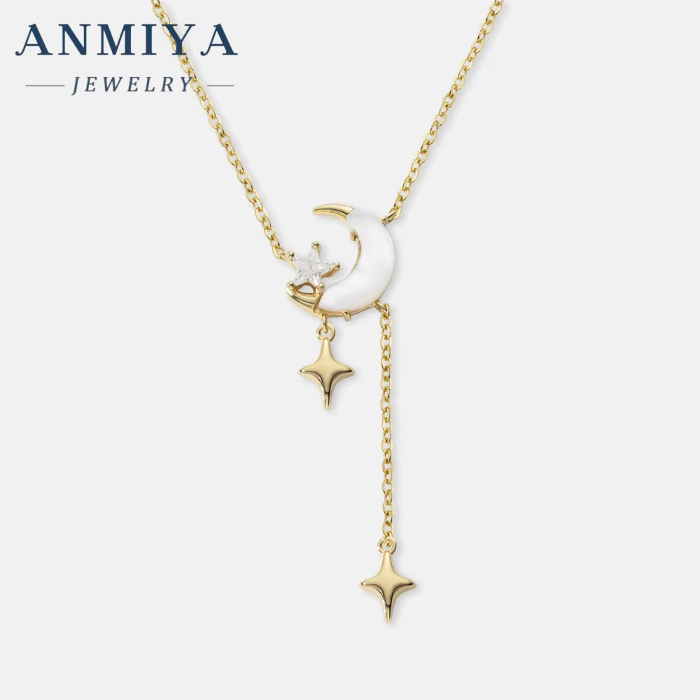 925 Unisex Fine Fashion Jewelry New Design Long Tassels Pendant Necklace with Star Moon Shape Featuring Zircon Stones