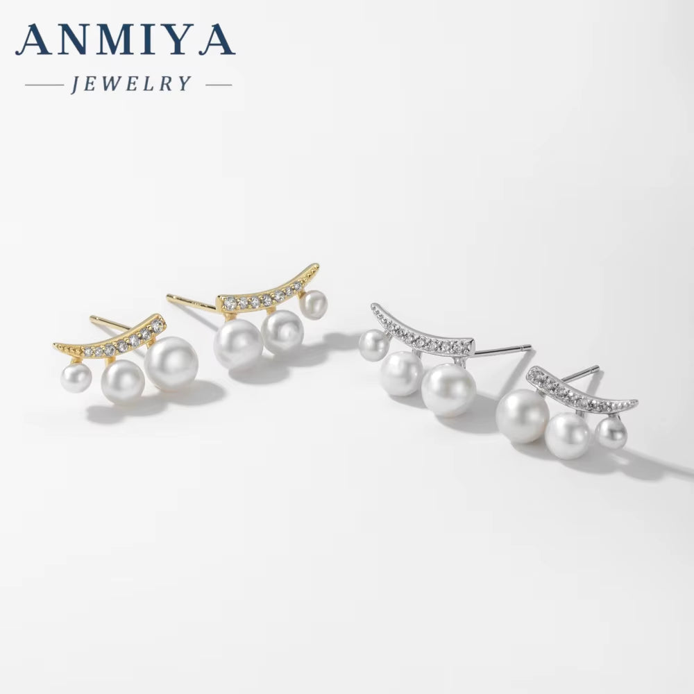 Classic 18K Gold Plated Zircon Stud Earrings Natural White Freshwater Pearls Earrings for Women Silvers Jewelry with Pearl Ear