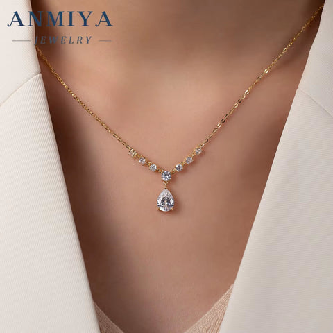 ANMIYA Latest Design Fancy Diamond Pear Cut Pendant Necklace Jewelry 18K Gold Plated Zircon Necklace for Wholesale